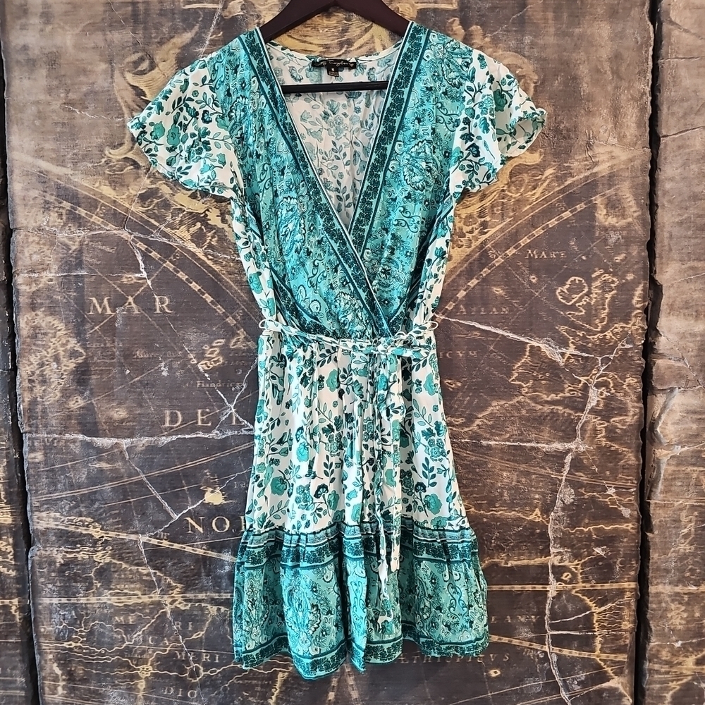 City Triangles Tie Waist Dress Small Green Floral Print V-neck Boho Artsy